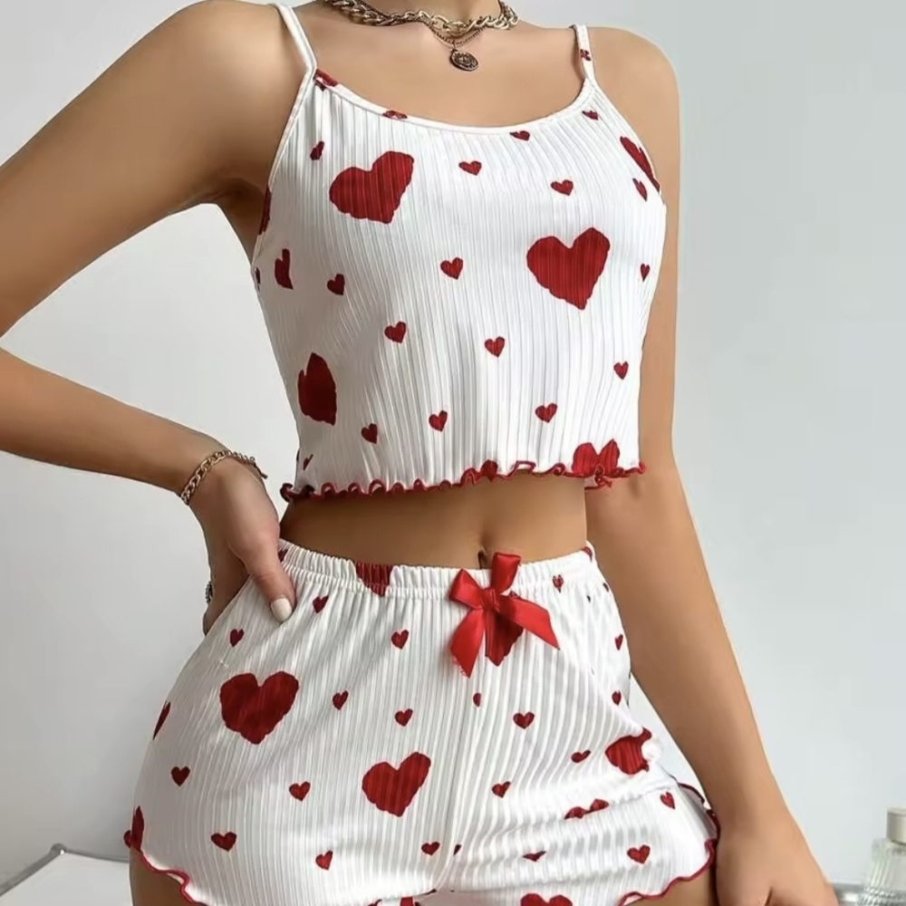 White and Red Heart Print Two-Piece Set